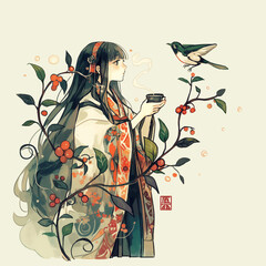 花と女性と鳥