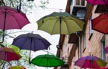 Colorful Umbrellas Hanging Outdoors in Spring