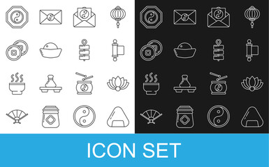 Set line Sushi, Lotus flower, Decree, paper, parchment, scroll, Yin Yang and envelope, Chinese Yuan currency, and Firework icon. Vector