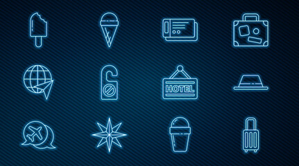 Set line Suitcase, Man hat with ribbon, Travel ticket, Please do not disturb, Globe flying plane, Ice cream, Signboard text Hotel and waffle cone icon. Vector