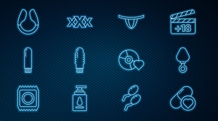 Set line Pills for potency, aphrodisiac, Anal plug, Woman panties, Dildo vibrator, Adult label on compact disc and Sex shop icon. Vector