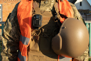 Detail of the equipment of the Ukrainian military road patrol