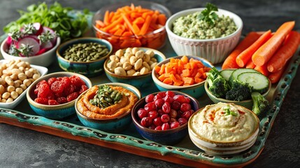 Vegetable and dip platter with carrots, hummus, and fresh greens, rustic food photography, healthy snack concept, vibrant plant-based appetizer, creative party platter idea

