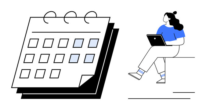 Woman sitting with a laptop beside a large desktop calendar with some dates highlighted in blue. Ideal for productivity, time management, planning, scheduling, remote work, organization, and personal