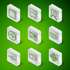 Set line Processor with microcircuits CPU, Battery charge level indicator, Electric scheme, Electrical measuring instruments, Fuse, and icon. Vector