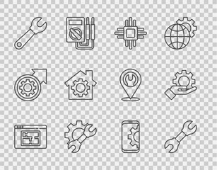 Set line House plan, Wrench spanner, Processor with microcircuits CPU, and gear, Setting on smartphone and Settings the hand icon. Vector