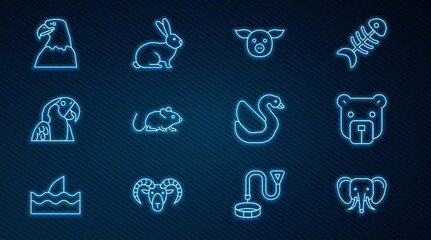 Set line Elephant, Bear head, Pig, Rat, Macaw parrot, Eagle, Swan bird and Rabbit icon. Vector