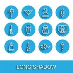 Set line Burning candle, Witches broom, Wooden axe, Eye, Magic wand, Coffin with cross, Skull and Funny scary ghost mask icon. Vector