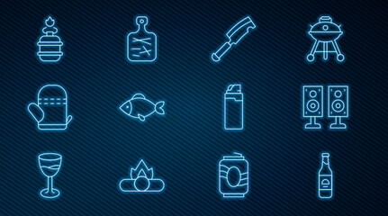 Set line Beer bottle, Stereo speaker, Meat chopper, Fish, Oven glove, Camping gas stove, Lighter and Cutting board icon. Vector