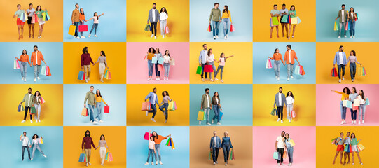 Groups of people participate in a fun shopping experience with bags in hand, celebrating sales and...