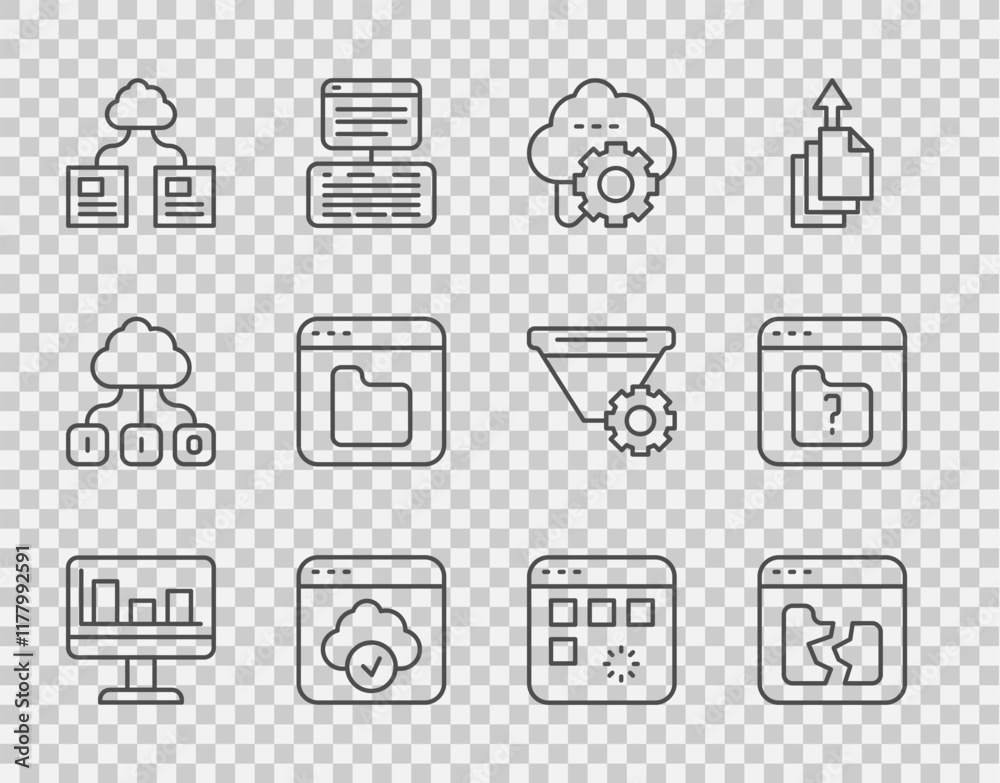 Poster set line monitor with graph chart, broken file, cloud technology data transfer, browser files, loadi