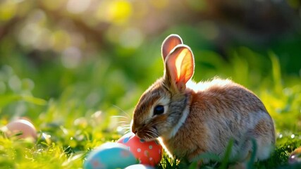 Curious bunny exploring colorful easter eggs in sunny meadow