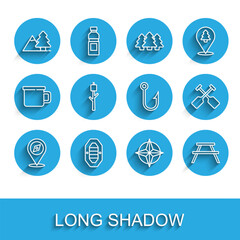 Set line Compass, Rafting boat, Mountains with tree, Wind rose, Picnic table benches, Marshmallow on stick, Paddle and Fishing hook icon. Vector