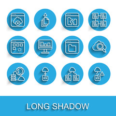 Set line Network cloud connection, Cloud technology data transfer, Failed access storage, Monitor with graph chart, Search computing and Browser files icon. Vector