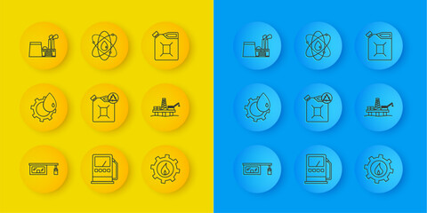 Set line Gas filling station, Oil industrial factory building, Eco fuel canister, platform the sea, Canister gasoline and Atom icon. Vector