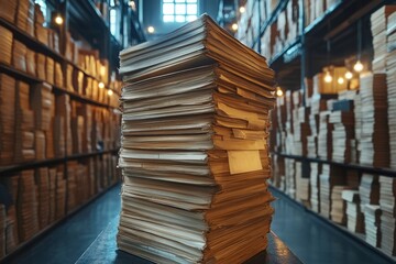 Stack of old documents in a large archive room with rows of shelves