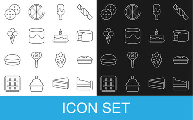 Set line Piece of cake, Homemade pie, Cake, Ice cream, in waffle cone, Cookie or biscuit and with burning candles icon. Vector
