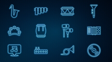 Set line Vinyl disk, Accordion, Drum, Tambourine, Musical instrument saxophone, Air headphones and Pan flute icon. Vector