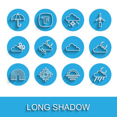 Set line Rainbow, Snowflake, Umbrella, Sunrise, Cloud with rain and moon, and icon. Vector