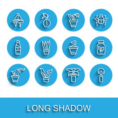 Set line Spraying plant, Plant pot, hanging, Exotic tropical, Shovel, Fertilizer bottle and Seeds bowl icon. Vector