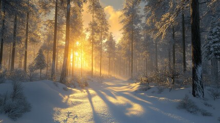Sunrise Glow in Frosty Winter Forest