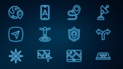 Set line Taxi car roof, Road traffic sign, Route location, Location with person, Infographic city map navigation, the globe, shield and City icon. Vector