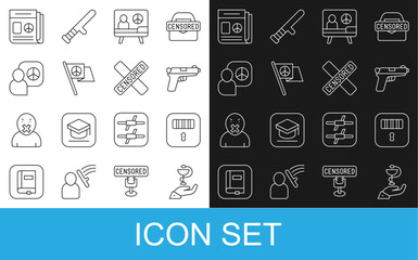 Set line Caduceus snake medical, Prison cell door, Pistol gun, Peace, talks, News and Censored stamp icon. Vector