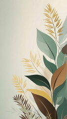 Modern Minimalist Background with Abstract Plants and Flowers in green, brown, yellow. Use in Graphic Design