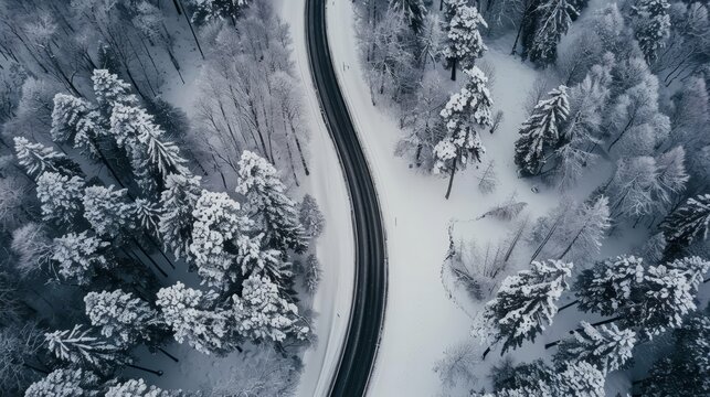 Tranquil winter landscape featuring a serene snow covered road in a beautiful forested wonderland