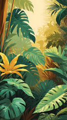 Modern Minimalist Background with Abstract Plants and Flowers in green, brown, yellow. Use in Graphic Design