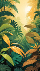 Modern Minimalist Background with Abstract Plants and Flowers in green, brown, yellow. Use in Graphic Design