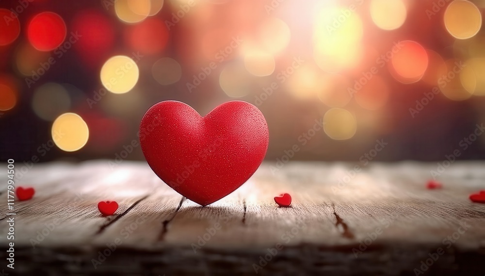 Aufkleber red heart symbol of love on rustic wooden table with warm bokeh background perfect for romantic them