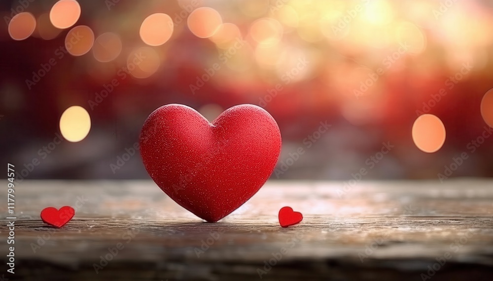 Aufkleber red heart symbol of love on rustic wooden table with warm bokeh background perfect for romantic them