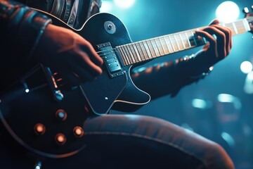 Obraz premium A man is playing guitar on stage close up.