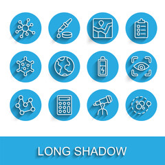 Set line Chemical formula, Calculator, Molecule, Telescope, Atom, Earth globe, Eye scan and Battery icon. Vector
