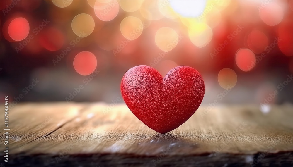 Aufkleber red heart symbol of love on rustic wooden table with warm bokeh background perfect for romantic them