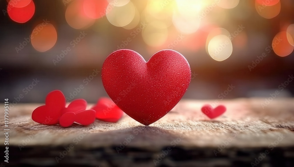 Poster Red Heart Symbol of Love on Rustic Wooden Table with Warm Bokeh Background Perfect for Romantic Themes Valentine's Day and Affection