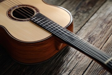 Fototapeta premium Classical guitar close up. Acoustic guitar on wood background.Music instrument concept
