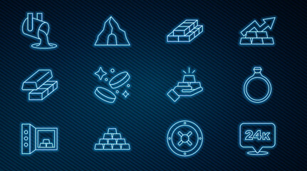 Set line Gold bars 24k, ring, Stacks paper money cash, coin, exchange, Molten gold being poured, and mine icon. Vector