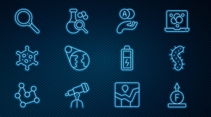 Set line Force of physic formula, Virus, Atom, Earth globe, Magnifying glass, Battery and Test tube icon. Vector
