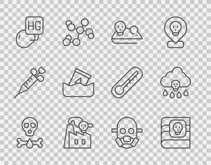 Set line Bones and skull, Book about poisons, Experimental mouse, Smoke from factory, Drop of mercury, Radioactive waste in barrel, Gas mask and Acid rain icon. Vector