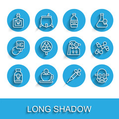 Set line Poisoned pill, Coffee cup with skull, Bottle potion, Syringe, Gas mask, Biohazard symbol, Chemical formula and Smoke from factory icon. Vector