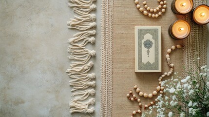 Quran, prayer beads, candles, and flowers on a prayer rug. Islamic still life photography with neutral earthy tones.