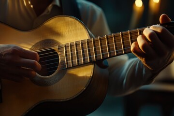 Obraz premium Man playing guitar at home learning and practicing music talent.