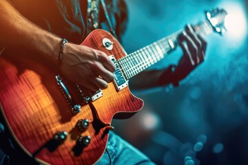 Obraz premium Man playing a guitar on stage shallow DOF; color toned image