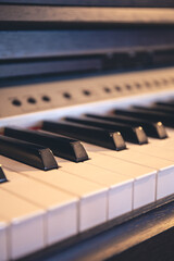 Close-up of piano keyboard. Close front al view. Side view