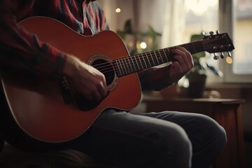 Fototapeta premium Man playing acoustic guitar at home low key image with selective focus