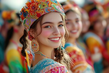 Fototapeta premium Group of female students celebrating cultural heritage in colorful traditional attire