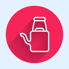 White line Watering can icon isolated with long shadow. Irrigation symbol. Red circle button. Vector