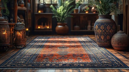 Ornate rug in a dimly lit room with antique decor